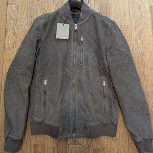 BRAND NEW WITH TAGS   All Saints Kemble Suede Bomber Jacket - Smoke Grey - Small
